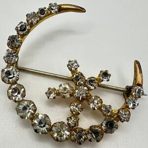 Antique Victorian gold gilt clear glass rhinestones crescent moon star brooch